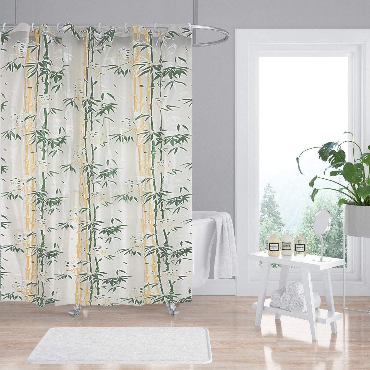 CRAFT CITY PVC Printed Bamboo Bathroom Shower Curtain with Hooks
