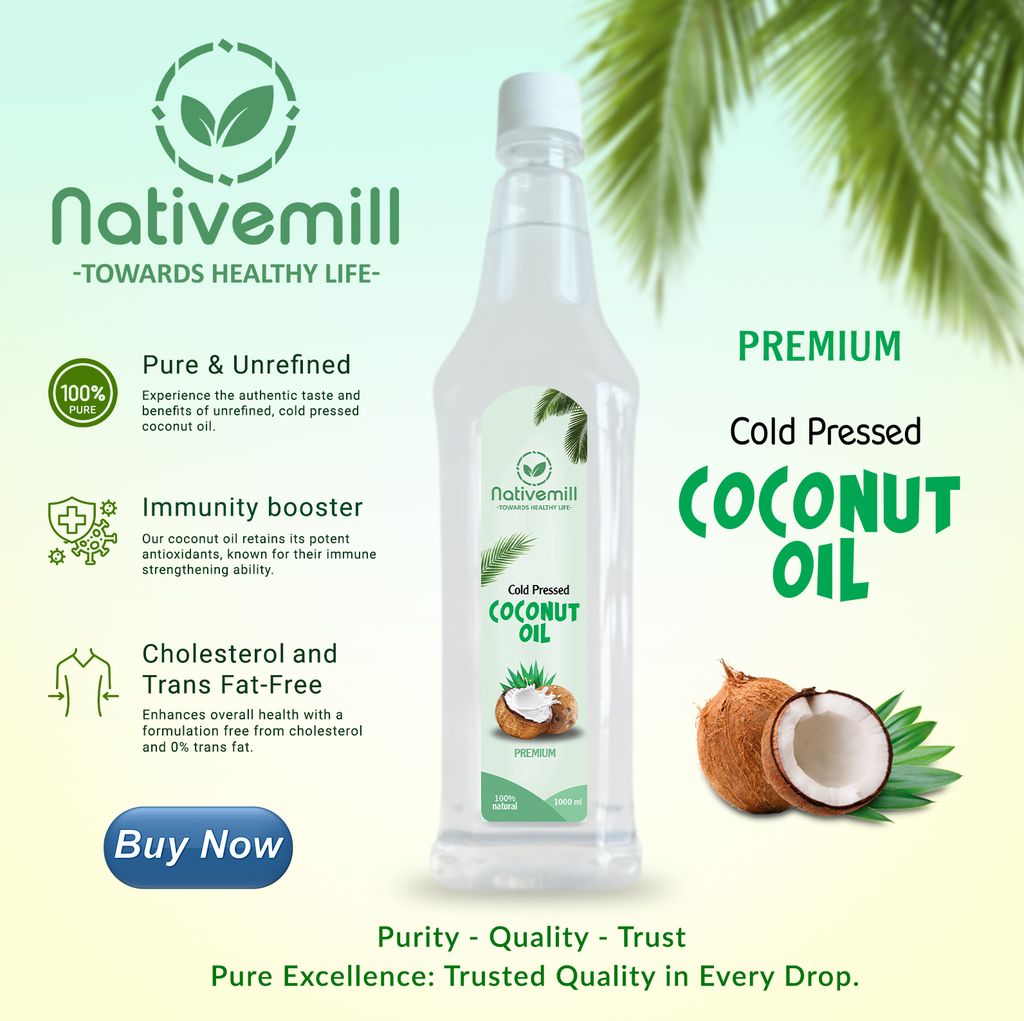 Nativemill Premium Chemical Free Cold Pressed Coconut Oil | Multipurpose Usage Oil from Handpicked Sundried Coconuts | PET Bottle (1000 ml)