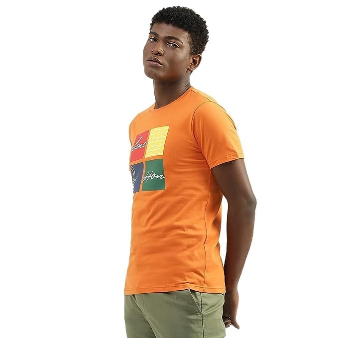 Cotton Printed Round Neck Mens  OrangeT-Shirts