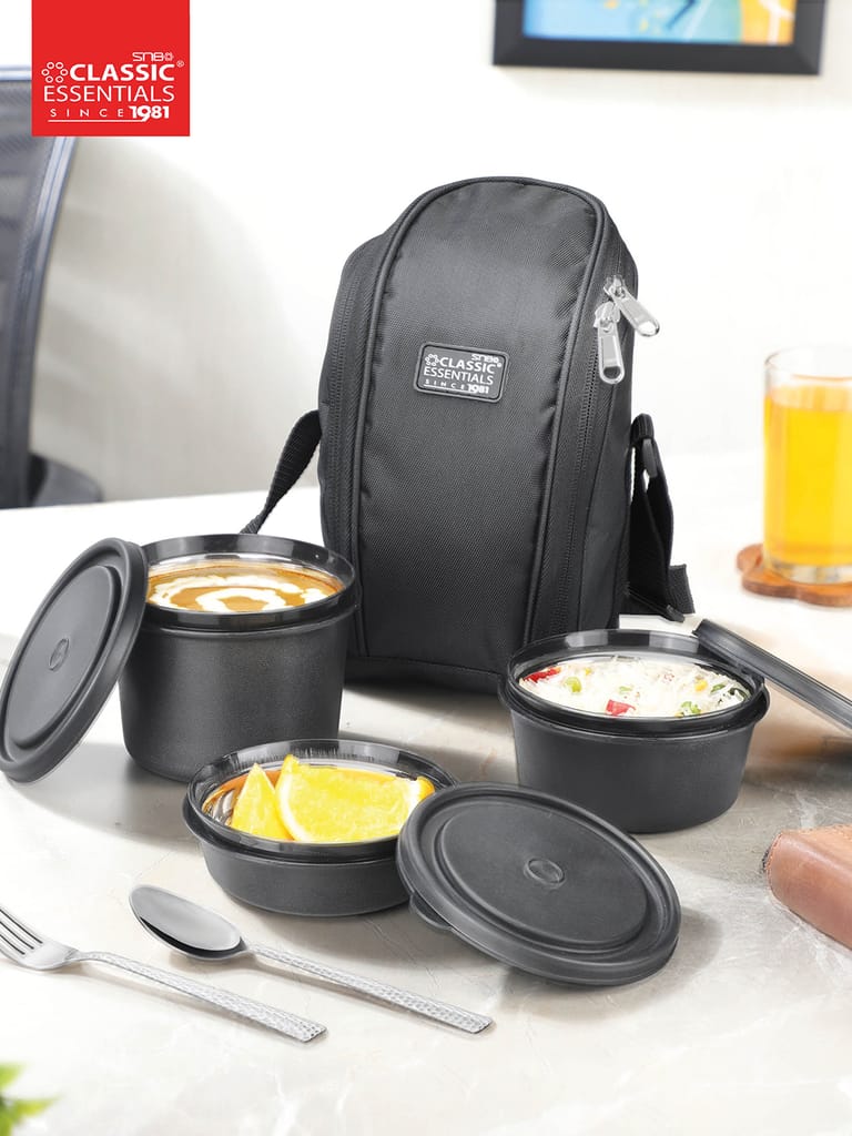Classic Essentials Stainless Steel Supreme All in One Thermoware | Microwave Safe | Leak Proof | Lunch Box with bag | Cutlery, Capacity: (1250) ml - Cookware | Buy online on ZillyBuy