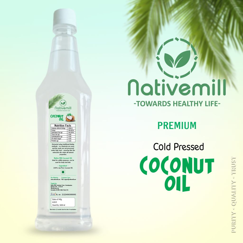 Nativemill Premium Chemical Free Cold Pressed Coconut Oil | Multipurpose Usage Oil from Handpicked Sundried Coconuts | PET Bottle (1000 ml)