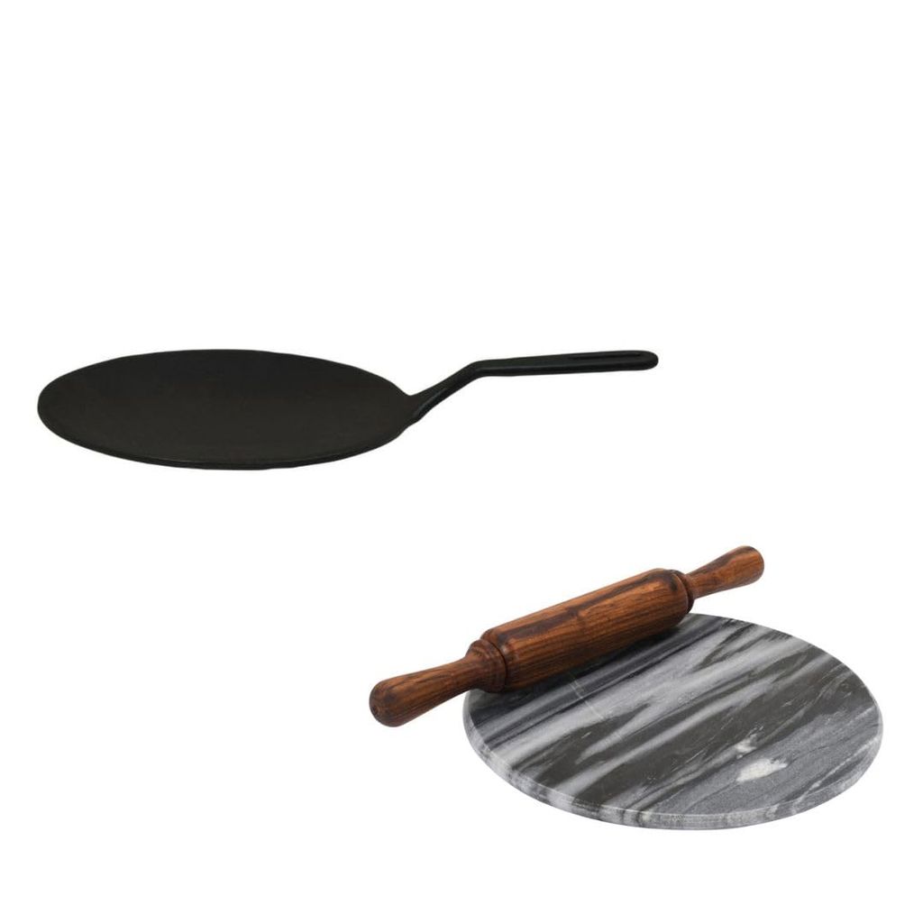 Pre-Seasoned Cast Iron Roti/Chapati/Dosa Tawa Pan with Stick Handle 26cm Marble Roti Maker with Solid Sheesham Wooden Belan/Grey and Black Marble Chakla 10 Inch Diameter with Belan