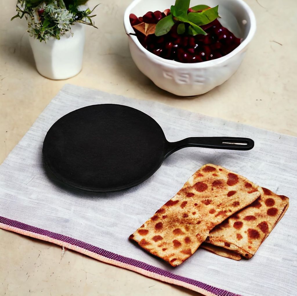 Pre-Seasoned Cast Iron Roti/Chapati/Dosa Tawa Pan with Stick Handle 26cm Marble Roti Maker with Solid Sheesham Wooden Belan/Grey and Black Marble Chakla 10 Inch Diameter with Belan