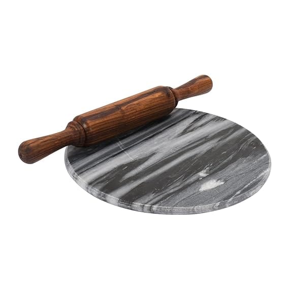 Pre-Seasoned Cast Iron Roti/Chapati/Dosa Tawa Pan with Stick Handle 26cm Marble Roti Maker with Solid Sheesham Wooden Belan/Grey and Black Marble Chakla 10 Inch Diameter with Belan