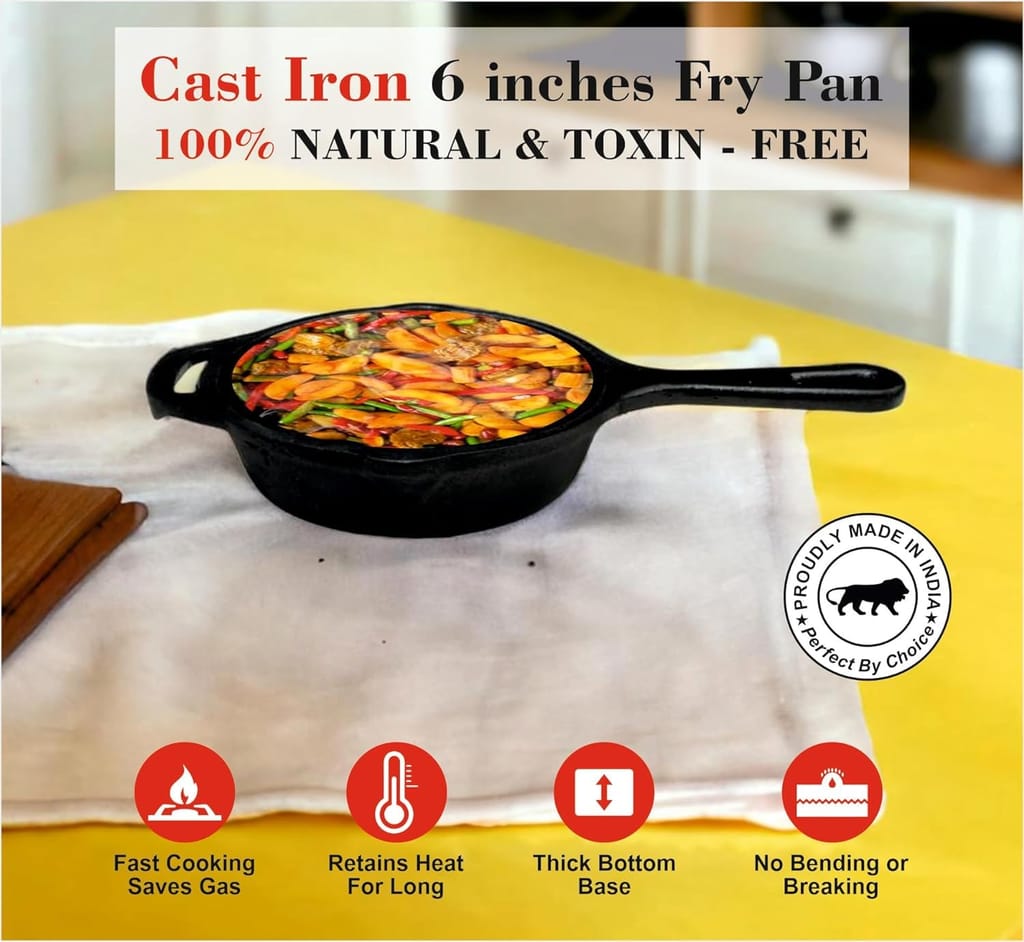 Preet Cookware 6 Inch Cast Iron Fry Pan Skillet Pan Fry, Mini Super Smooth Frying Pan- Black