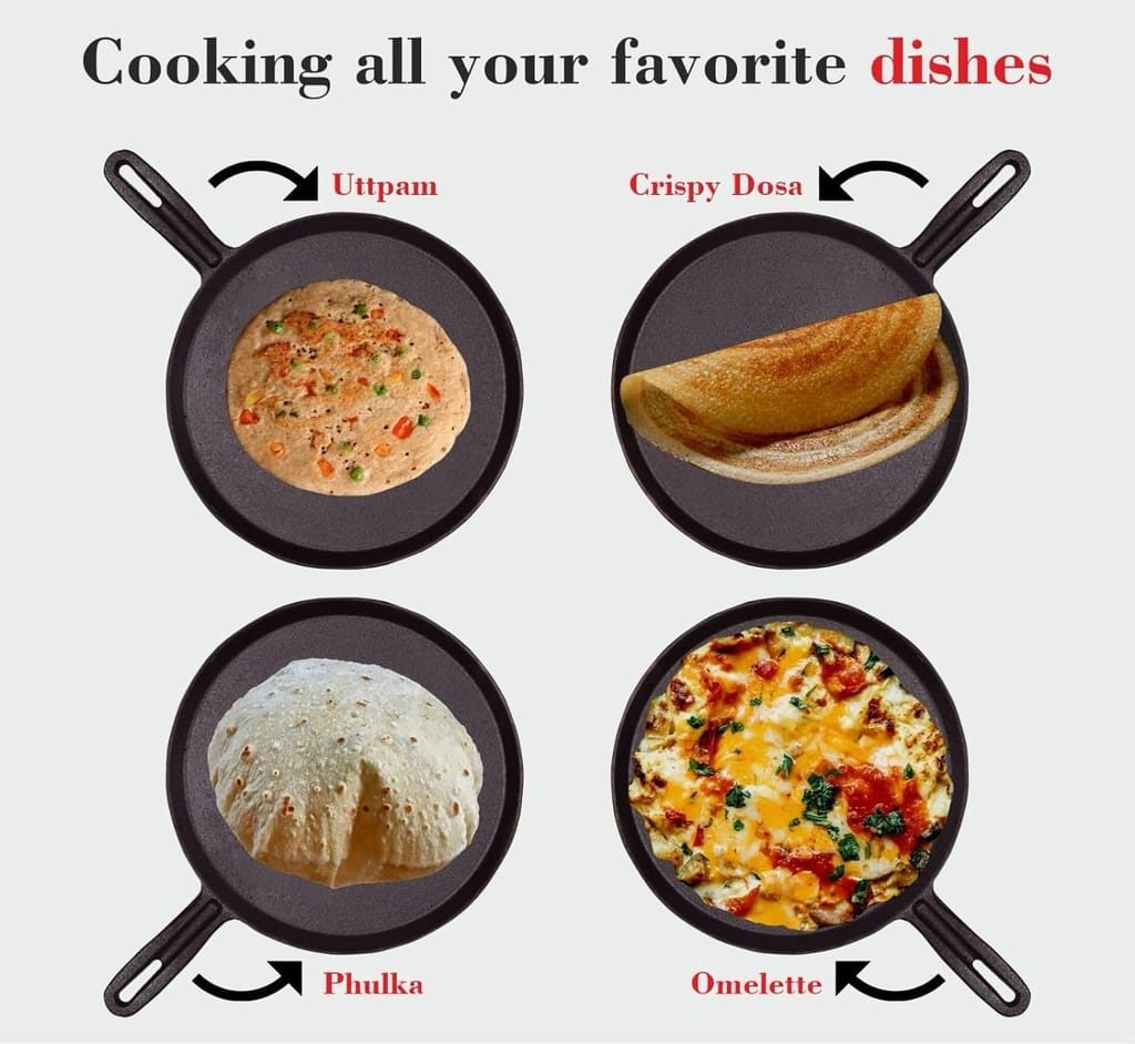 PREETCOOKWARE Pre-Seasoned Cast Iron Tawa for Dosa/Chapathi | 23.5 cm/11 inch, 2.3kg | Induction Friendly | Naturally Nonstick, 100% Pure & Toxin-Free, No Chemical Coating