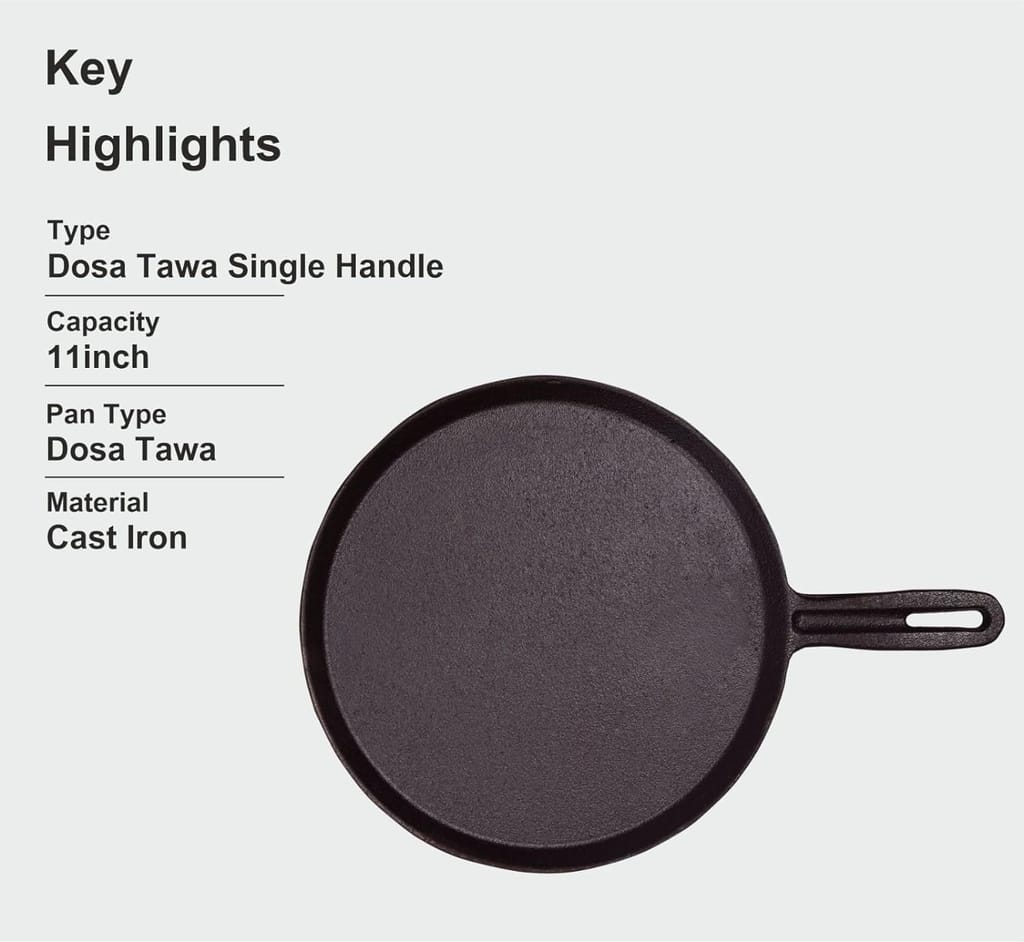 PREETCOOKWARE Pre-Seasoned Cast Iron Tawa for Dosa/Chapathi | 23.5 cm/11 inch, 2.3kg | Induction Friendly | Naturally Nonstick, 100% Pure & Toxin-Free, No Chemical Coating