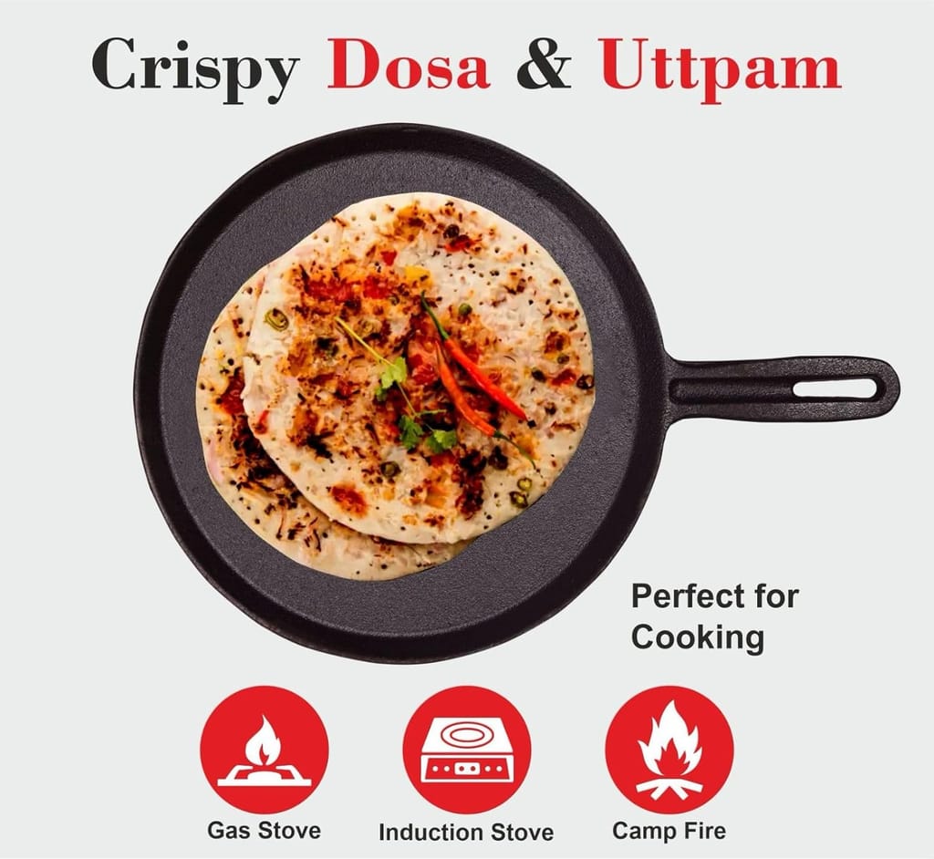PREETCOOKWARE Pre-Seasoned Cast Iron Tawa for Dosa/Chapathi | 23.5 cm/11 inch, 2.3kg | Induction Friendly | Naturally Nonstick, 100% Pure & Toxin-Free, No Chemical Coating