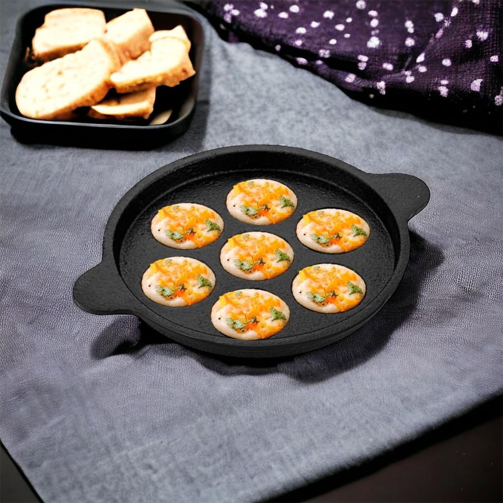 PREETCOOKWARE Cast Iron Paniyaram Appam Pan, Paniyarakkal, Appe ponganalu Pan Chatti Paddu Maker Cast Iron 7 Cavity Induction Base Without Lid