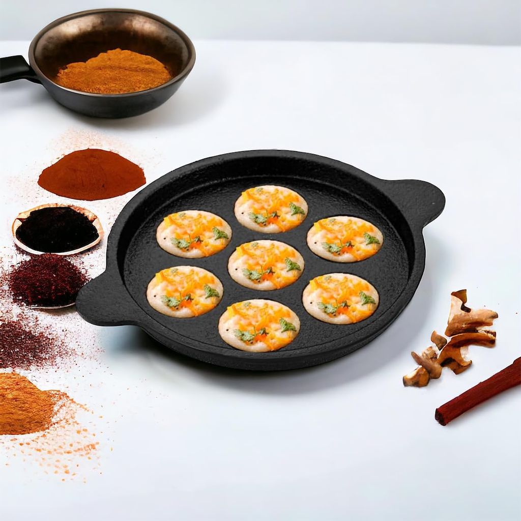 PREETCOOKWARE Cast Iron Paniyaram Appam Pan, Paniyarakkal, Appe ponganalu Pan Chatti Paddu Maker Cast Iron 7 Cavity Induction Base Without Lid