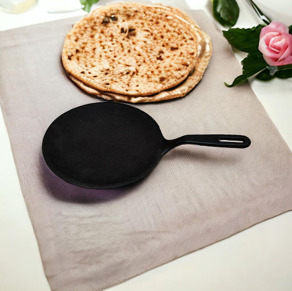 Preet Cookware Pre-Seasoned Cast Iron Roti/Chapati/Dosa Tawa Pan with Stick Handle, Dosa Kallu, Iron Tawa, Gas Stovetop Compatible, 26cm, Black