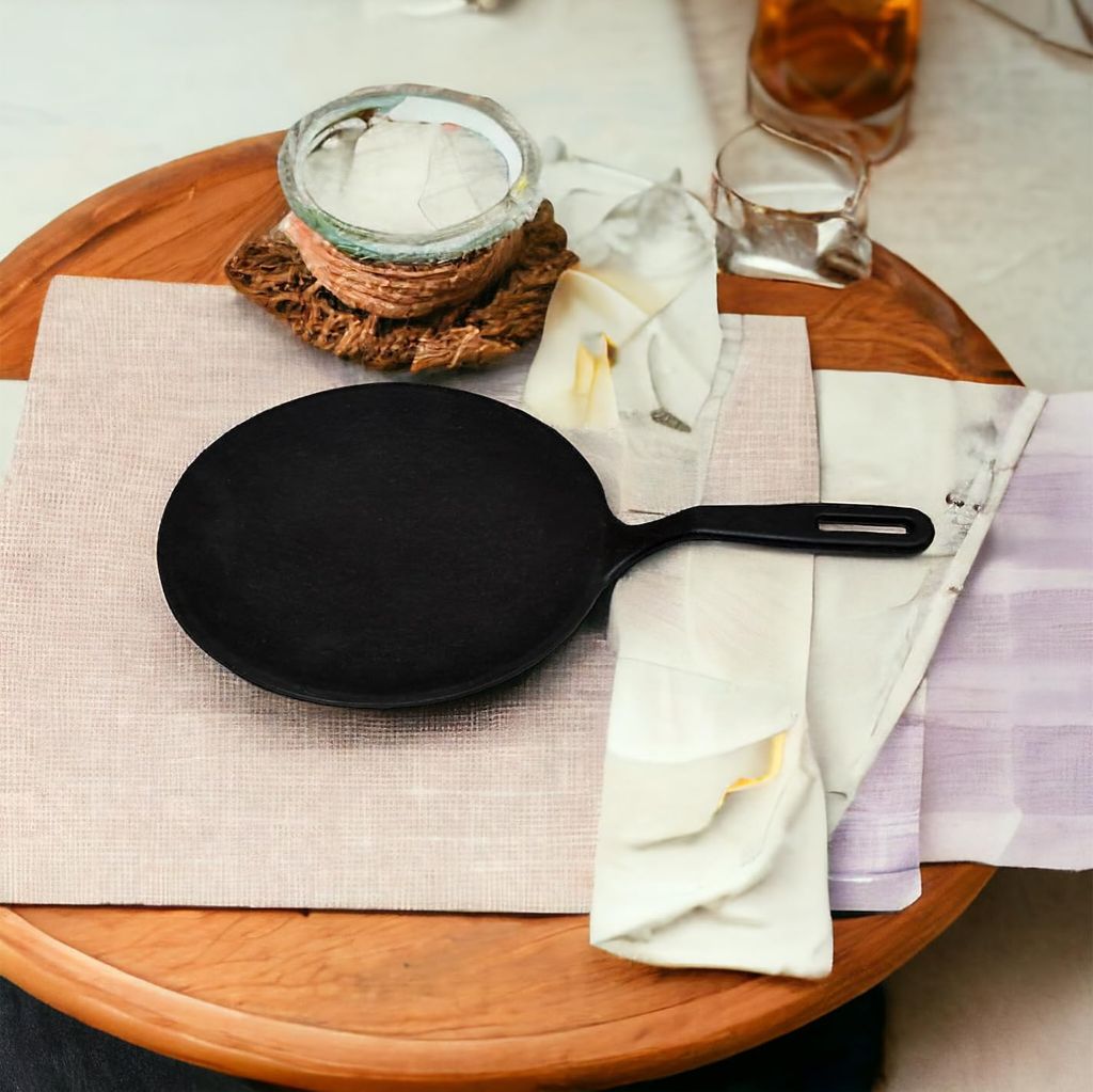 Preet Cookware Pre-Seasoned Cast Iron Roti/Chapati/Dosa Tawa Pan with Stick Handle, Dosa Kallu, Iron Tawa, Gas Stovetop Compatible, 26cm, Black