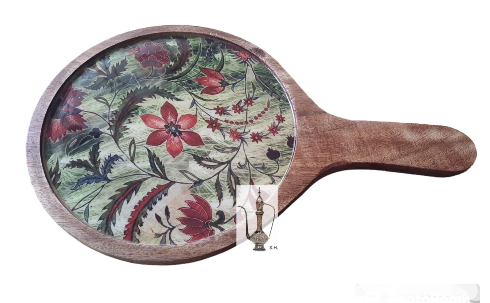 Sara Home Mango Wood Serving Pizza Platter/Chipdip/Dosa/Chees/Snacks Tray Printed Enamel Serving Platter with Handle Appetizer Plate Serving Platter