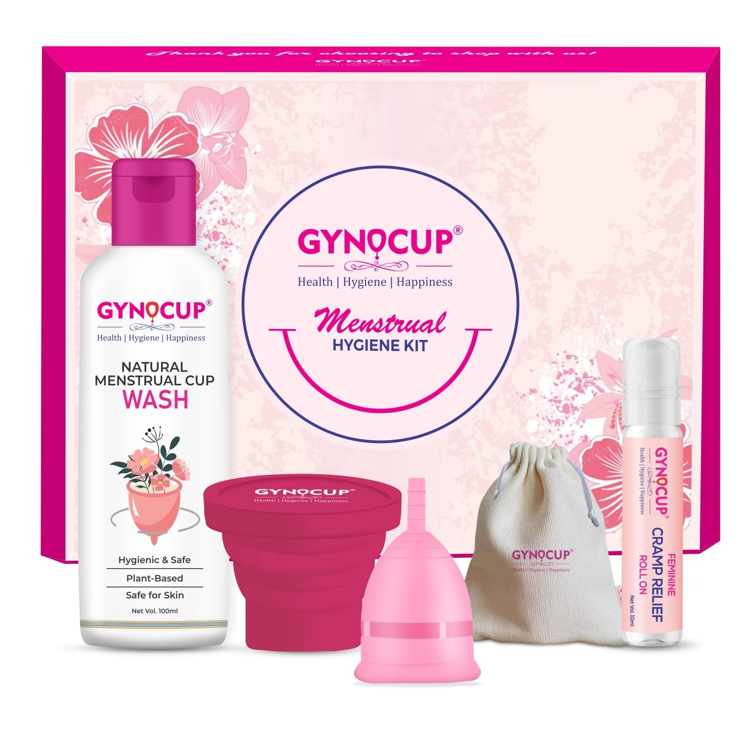 GynoCup Menstrual Cup for Women | Small Size | With Menstrual Cup Sterilizer, Menstrual Cup Wash & Period Pain Relief Roll-on | No Leakage Protection Up to 10-12 Hours, FDA Approved (Small) (Pink)