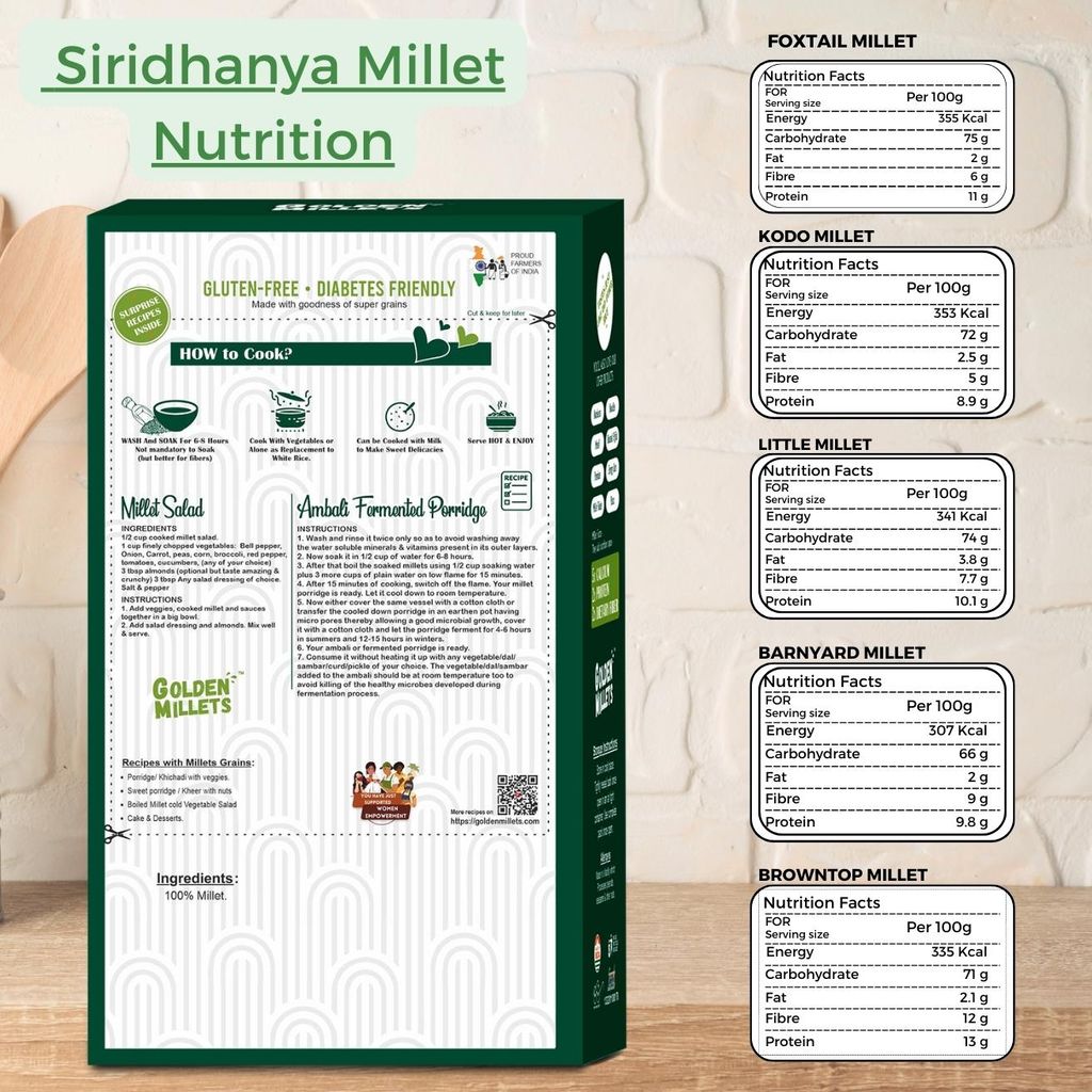 Golden Millets Siridhanya Millets 100% Gluten Free | No Preservative | Kodo Millet | Little Millet | Barnyard Millet  | Foxtail Millet | Browntop Millet | Unpolished Millets Combo Pack of 5