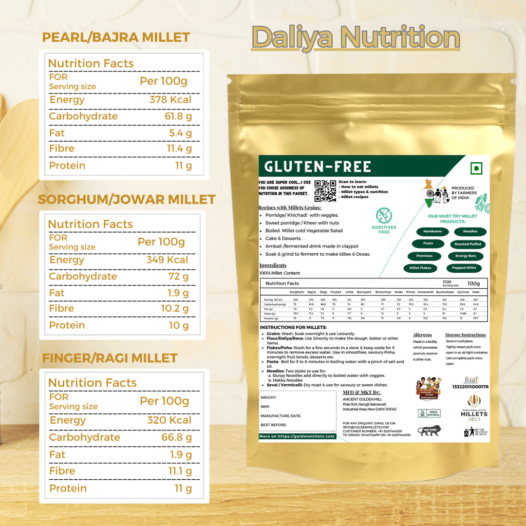 Golden Millets Daliya Gluten Free | No Preservative | Help For Weight Loss | Diabetic - Friendly | Jowar Daliya | Bajra Daliya | Ragi Daliya | (500g x 3)