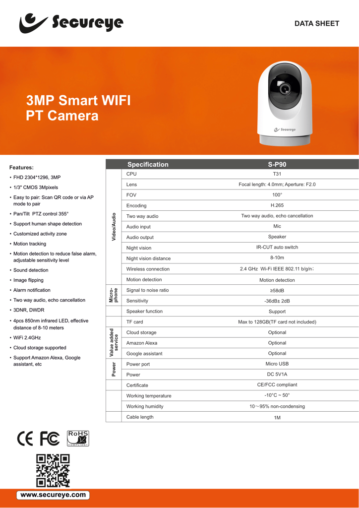 Secureye 3MP WiFi Security Camera | 360° View, 2-Way Audio, Cloud/SD Storage (SP90) (1yr Brand Warranty)