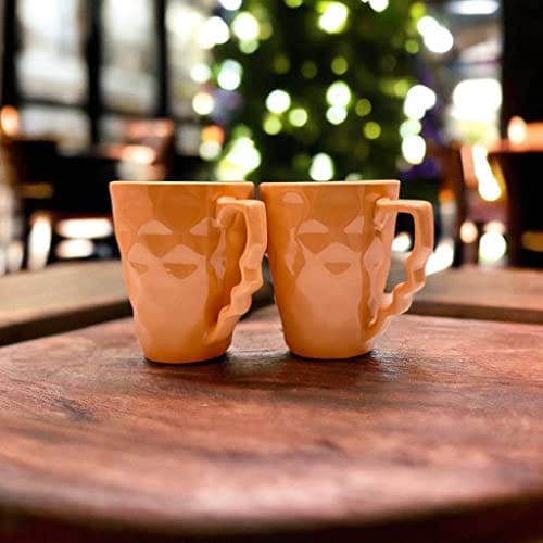 Handmade Diamond Design Ceramic Mugs - Set of 2, 350 ml, Microwave