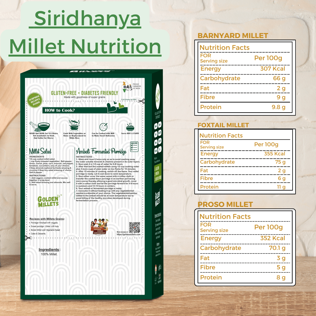 Golden Millets Gluten Free Siridhanya Rice Combo Rice Replacement | Diabetic Friendly | No Preservative | Barnyard Millet | Foxtail Millet | Proso Millet | 100% natural (500g x 3)