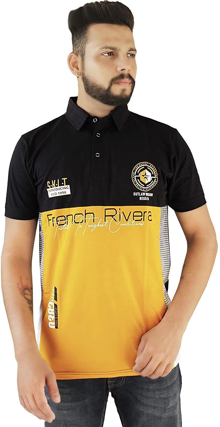 BLUEFICUS Men Solid Polo Neck Pure Cotton T-Shirt (Yellow and Black)