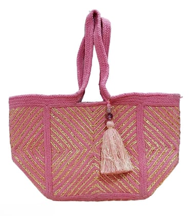 Jute Handmade shoulder Bag (Pink and Gold)