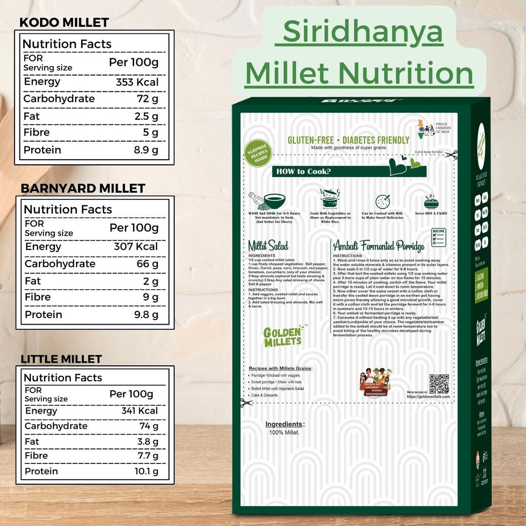 Golden Millets Siridhanya Unpolished Millets Rice Combo Pack Gluten free low GI | Diabetic Friendly | No Preservative | Kodo Millet | Little Millet | Barnyard Millet (500g x 3)