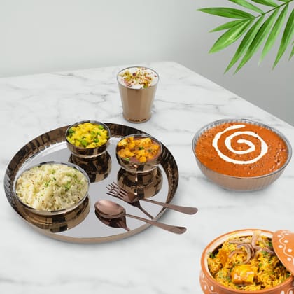 iRin By Dr.WaterR Stainless Steel Diamond Rose Gold PVD Dinner Set | Ideal for Home |Restaurant | Gifting | Wedding | Parivar Set | 1 Plate/Thali, 2 Bowl, 1 Plate, 1 Glass, 1 Spoon, 1 Fork|Pack of 8