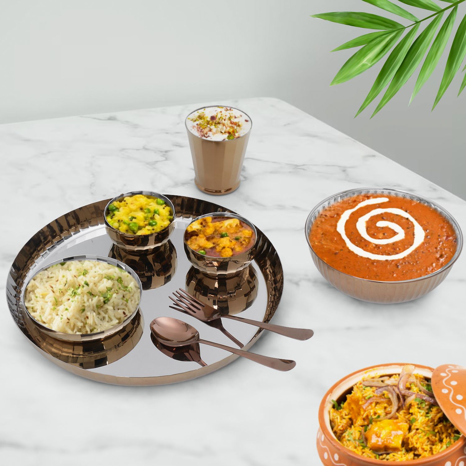 iRin By Dr.WaterR Stainless Steel Diamond Rose Gold PVD Dinner Set | Ideal for Home |Restaurant | Gifting | Wedding | Parivar Set | 1 Plate/Thali, 2 Bowl, 1 Plate, 1 Glass, 1 Spoon, 1 Fork|Pack of 8