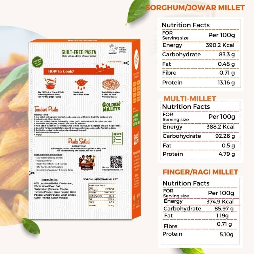 Golden Millets Kids Friendly Pasta Combo | No Maida | No Preservative | Jowar Millet Pasta | Ragi Millet Pasta | Multi Millet Pasta | Penne Pasta With Tastemaker Pack of 3,450g