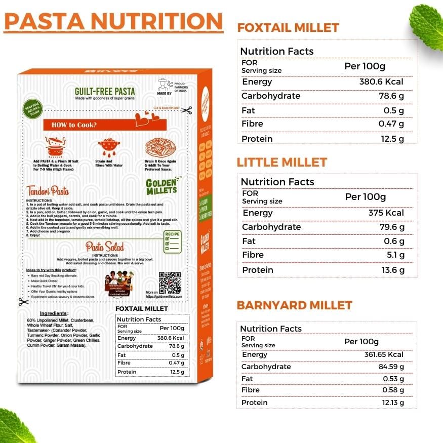 Golden Millets High fibre Pasta Combo | No Maida | Kids Friendly Pasta | Foxtail Millet Pasta | Little Millet Pasta | Barnyard Millet Pasta | Penne Pasta With Tastemaker Pack of 3,450g