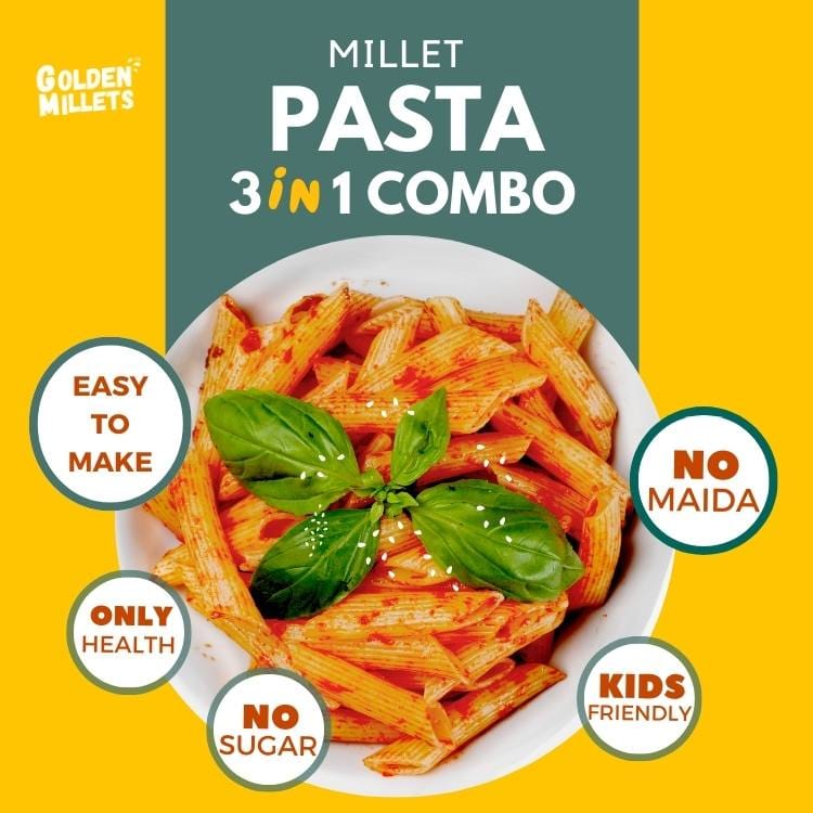 Golden Millets High fibre Pasta Combo | No Maida | Kids Friendly Pasta | Foxtail Millet Pasta | Little Millet Pasta | Barnyard Millet Pasta | Penne Pasta With Tastemaker Pack of 3,450g