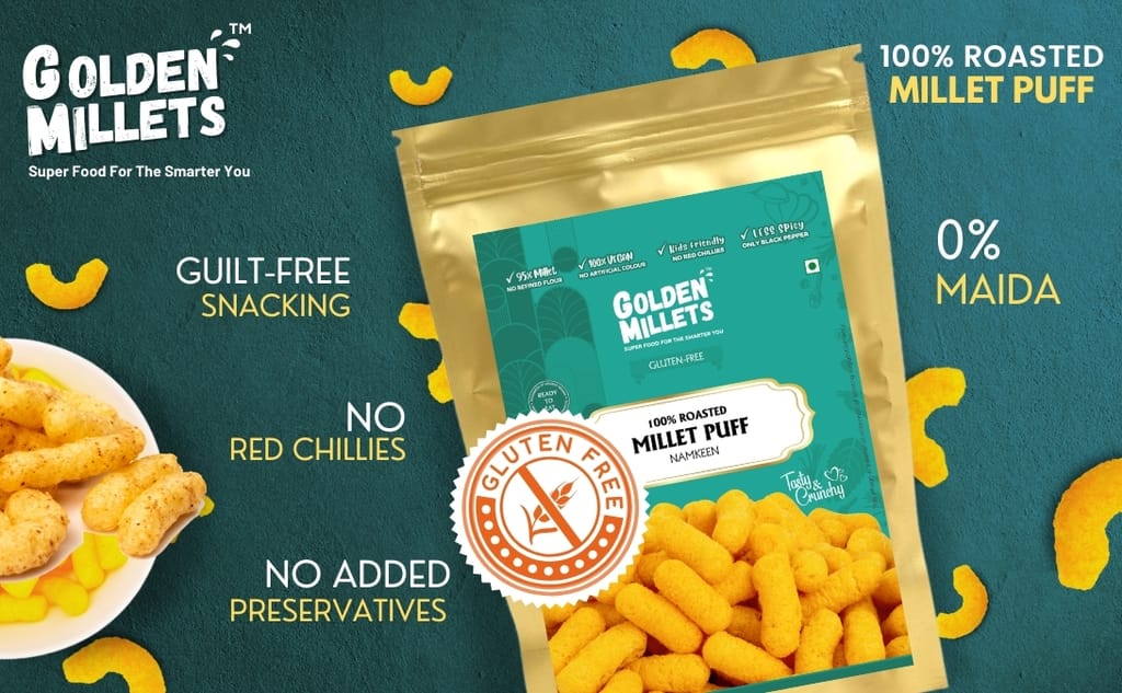 GOLDEN MILLETS Ready to Eat Millet Snacks Gluten Free | No Maida | No Sugar | No Preservative | Millet Jowar Bhujia Namkeen | Roasted Puff | Millets Chiwda Namkeen | (250g x 3)