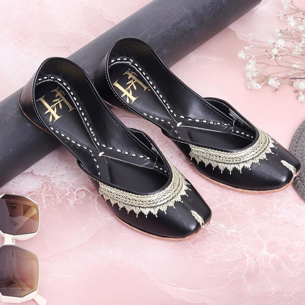 HEER Black Zari Women's Jutti, Mojari Traditional Punjabi Jutti, Ethnic Handmade Leather Punjabi Jutti, Embroidered Rajasthani Jaipuri Wedding Bridal Jutti