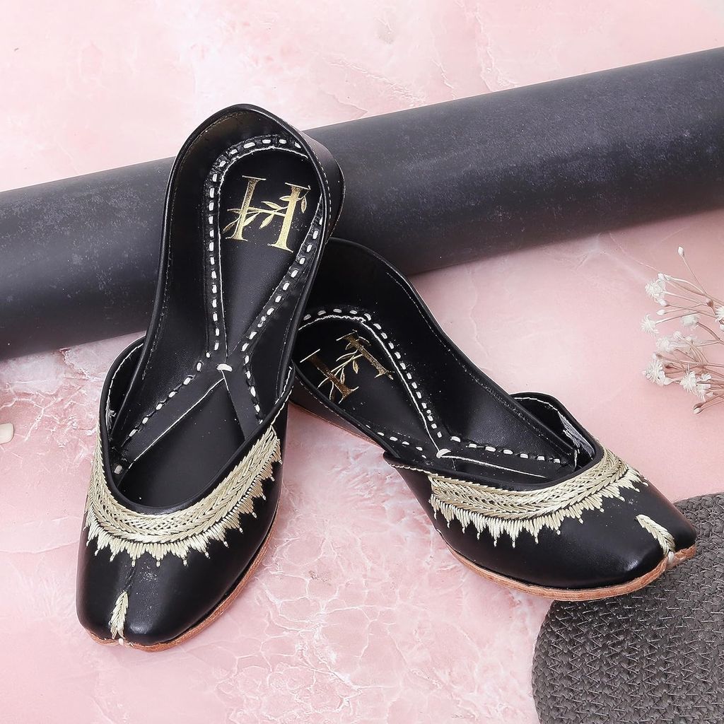 HEER Black Zari Women's Jutti, Mojari Traditional Punjabi Jutti, Ethnic Handmade Leather Punjabi Jutti, Embroidered Rajasthani Jaipuri Wedding Bridal Jutti