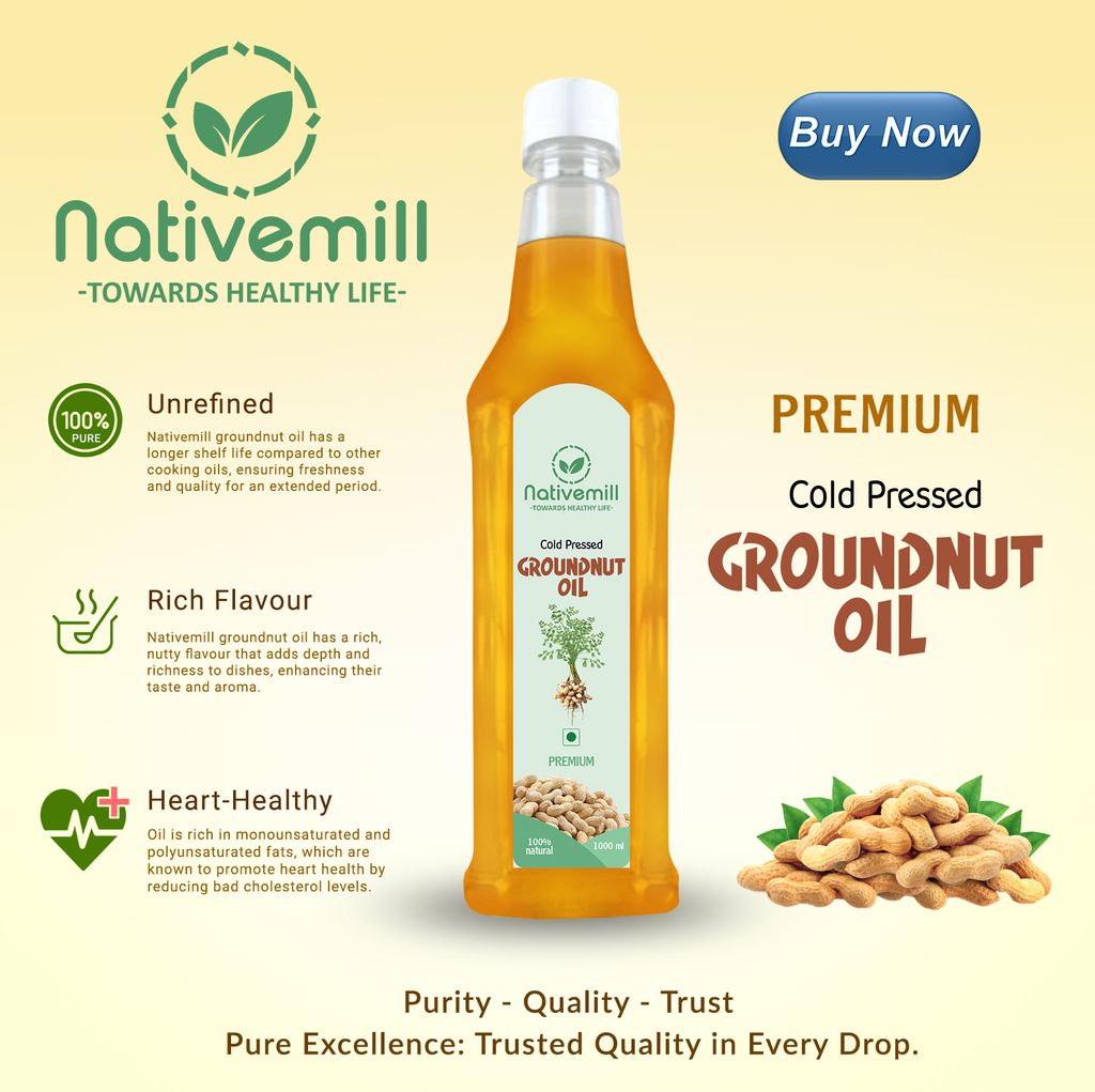 Nativemill Chemical Free Cold Pressed Groundnut (Peanut) Oil 1000ML | 100% Pure & Unrefined | Multipurpose Edible Oil | Contains Natural Anti-Oxidants