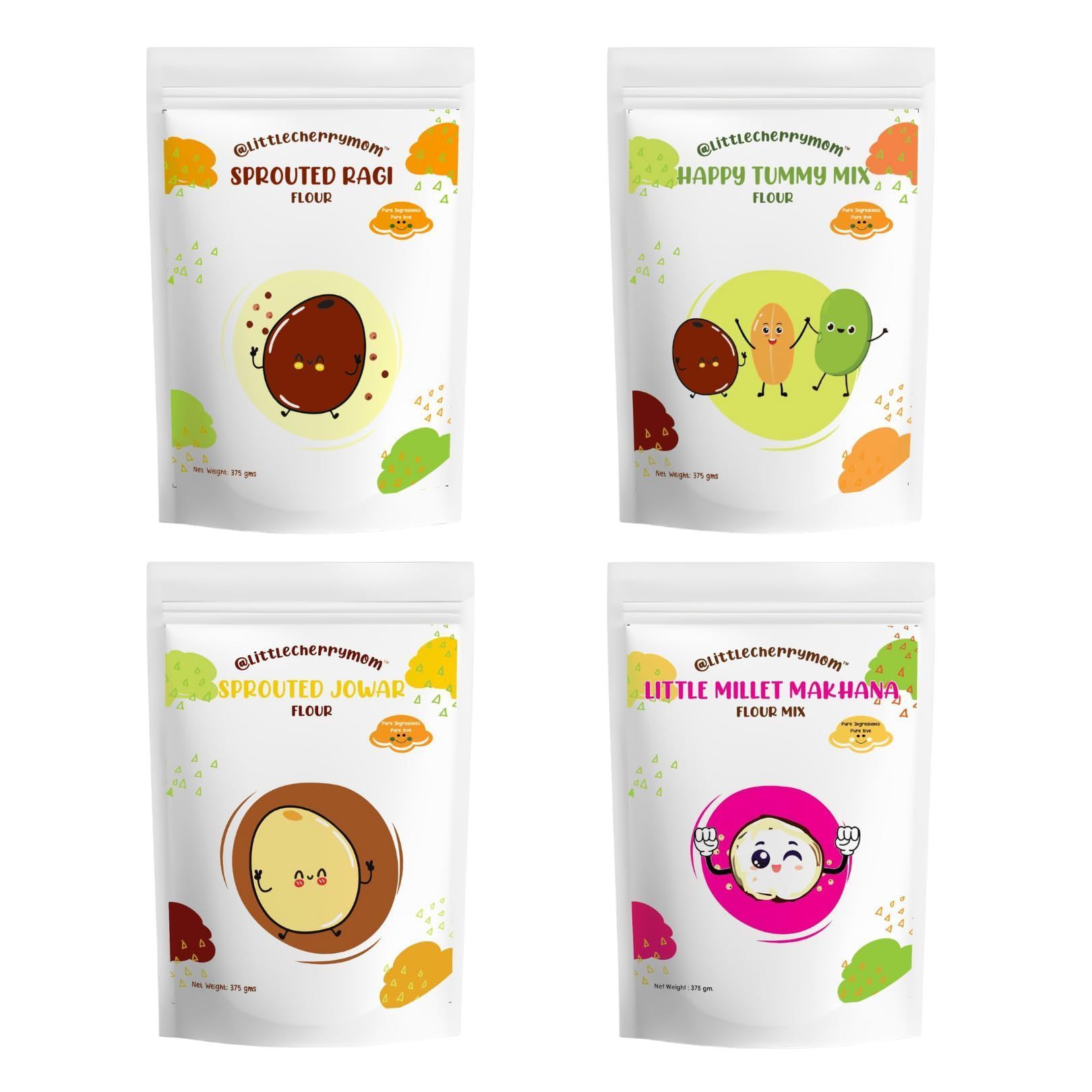 All In One Flour Combo – Sprouted Ragi, Sprouted Jowar, Little Millet Makhana Mix, Happy Tummy Mix – 375 gm Pack Each