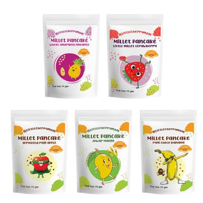 Pancake Mania Combo – Jowar Mango + Ragi Choco Banana + Ragi Apple + Wheat Amaranth Pineapple + Little Millet Strawberry – 175 gms Each