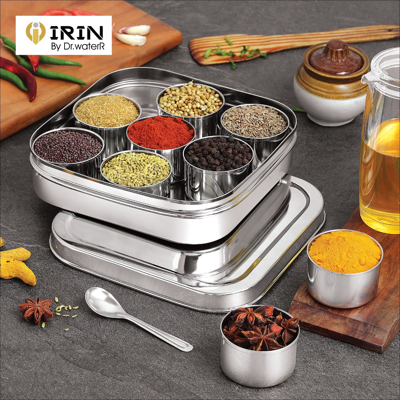iRin By Dr.WaterR Stainless Steel Square Shape Masala (Spice) Box | Silver Finish | Kitchen Organizer 9 Container Bowl and Small Spoon