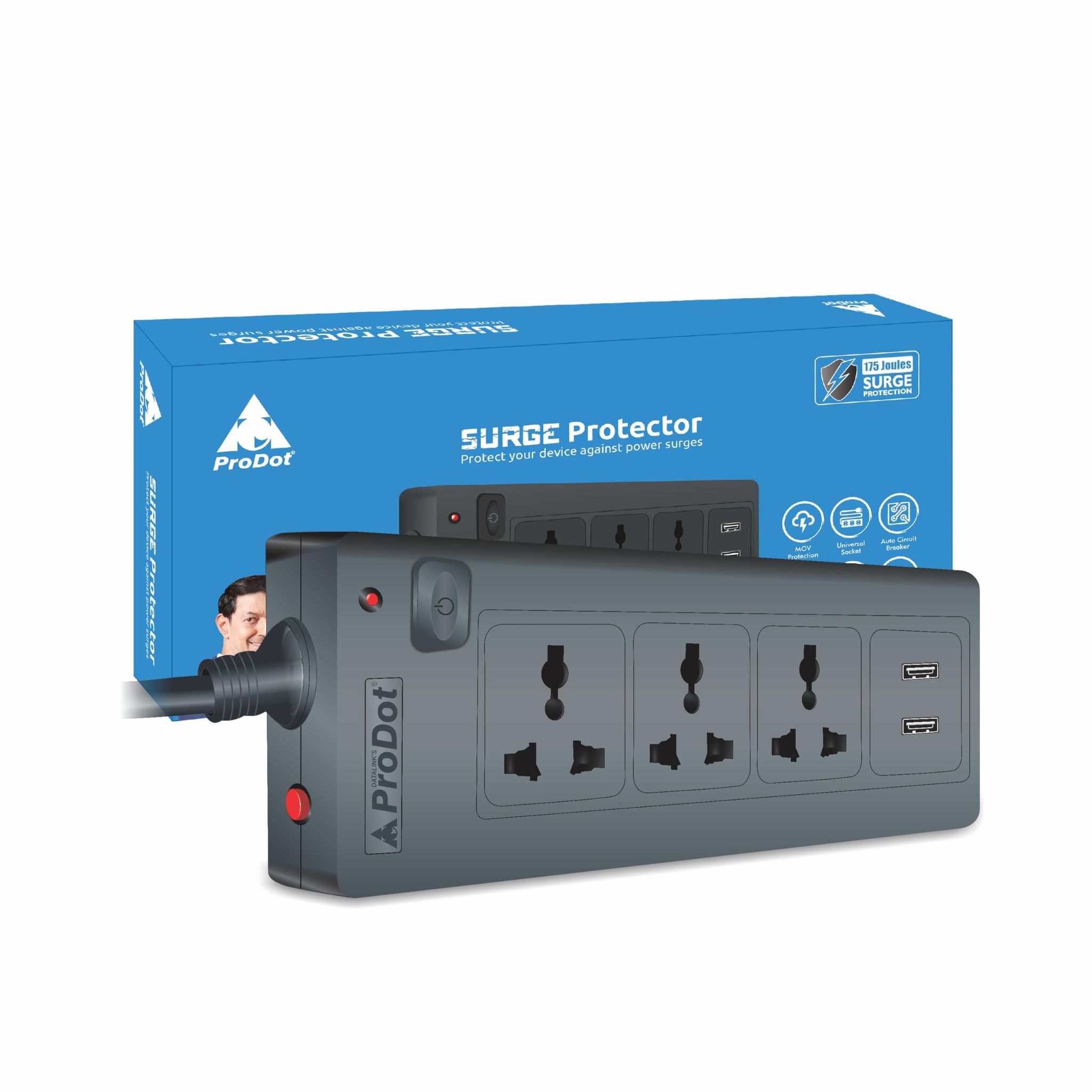 PRODOT Power Spike Guard, Strip Surge Protector with Master Switch and 3 Outlets with 2 USB, Heavy Duty Extension Cord for Home, Office, Travel & Phone Charging Bricks