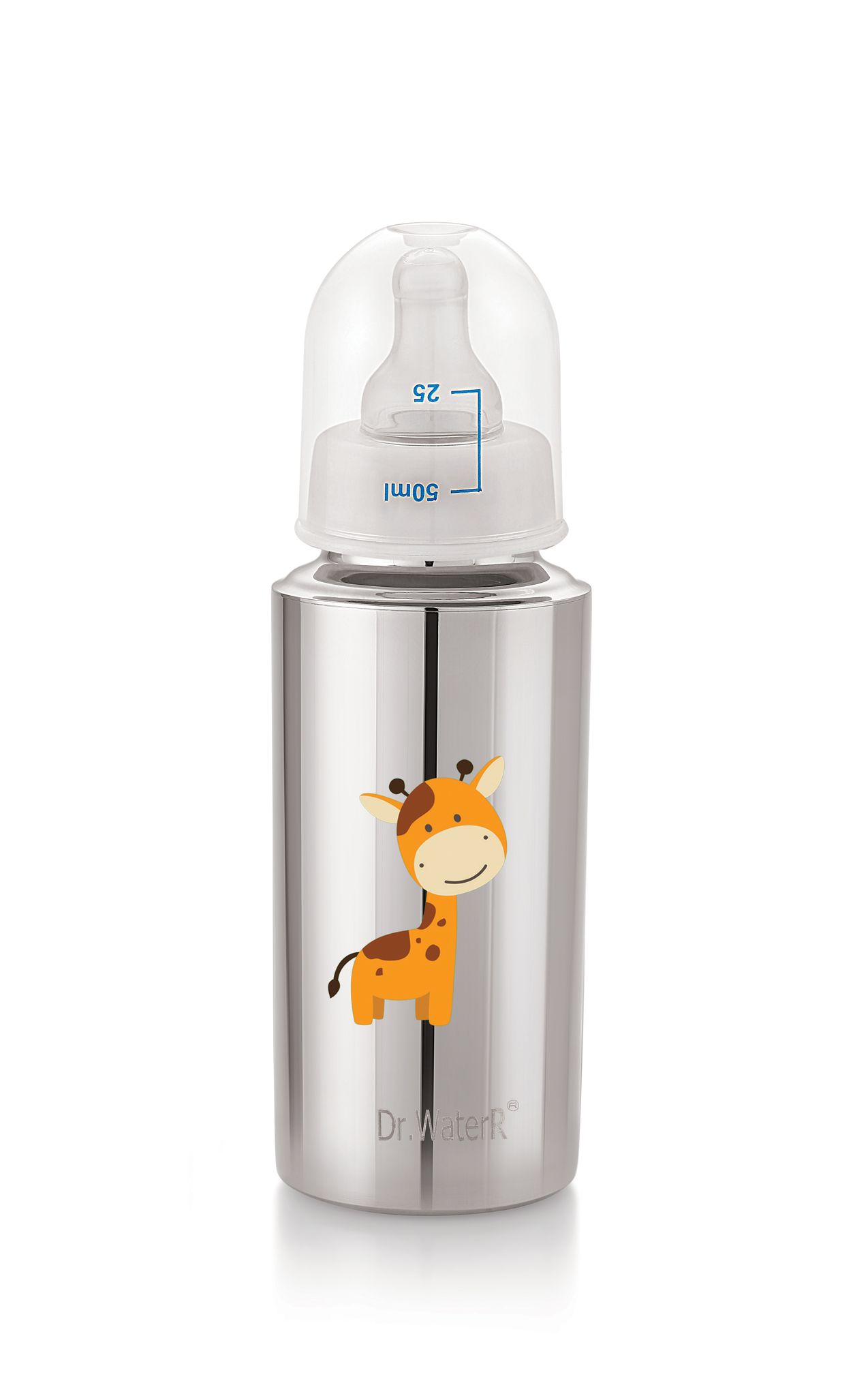 Dr.WaterR Stainless Steel Baby Feeding Bottle 250ml With 1 Extra Nipple Giraffe character Printed, narrow neck  Infants 0-3 Years, Bottle for Milk, Water, Juice, Ideal for Home, Gifting, Birthday, Special Occasions
