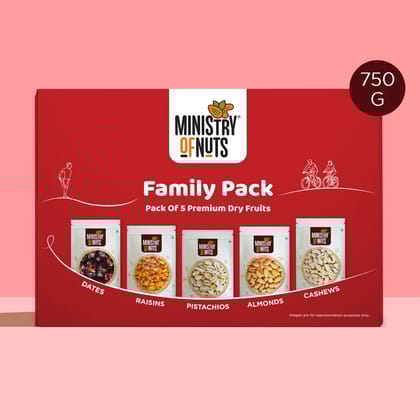 Ministry Of Nuts Family Pack OF 5 Premium Dry Fruits | California Almonds 150g, Whole Cashew Nuts 150g, Seedless Raisins 150g, Dates 175g, California Pistachios 125g | Total 750g