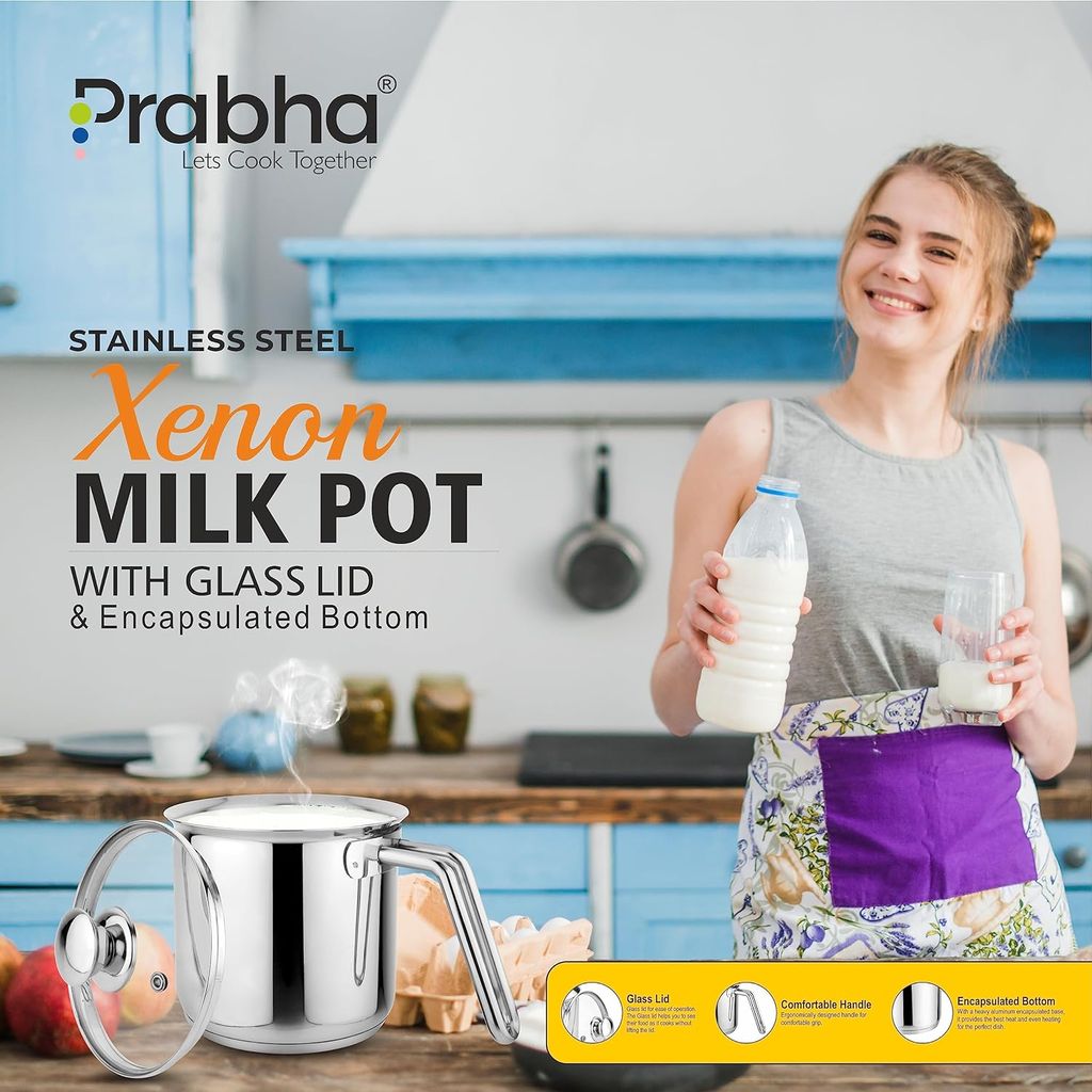 Prabha Heavy Gauge Stainless Steel Milk Pot Milk Boiler,Encapsulated Base,Compatible With Induction & Gas Stove,Highly Durable,14Cm Diameter Pot 1.8 L With Glass Lid-Silver,1.80 Litres
