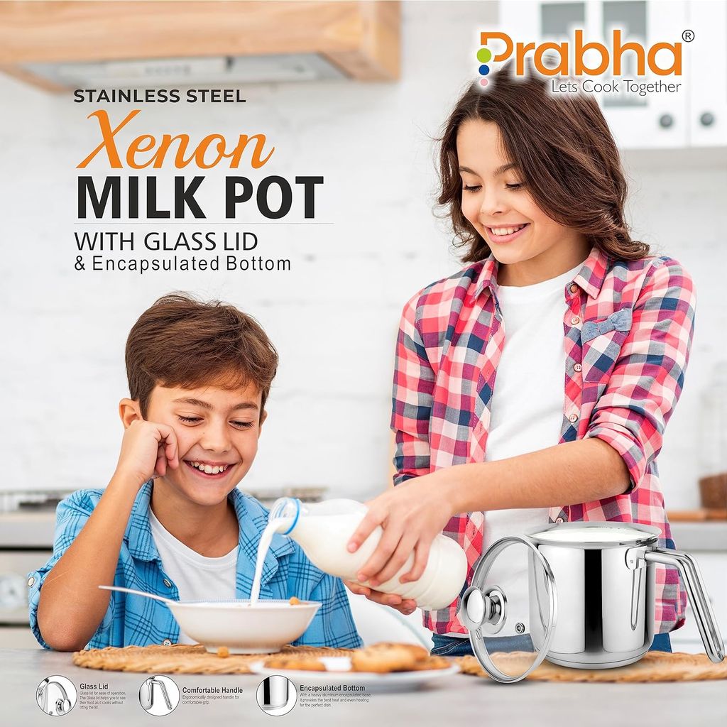 Prabha Heavy Gauge Stainless Steel Milk Pot Milk Boiler,Encapsulated Base,Compatible With Induction & Gas Stove,Highly Durable,14Cm Diameter Pot 1.8 L With Glass Lid-Silver,1.80 Litres