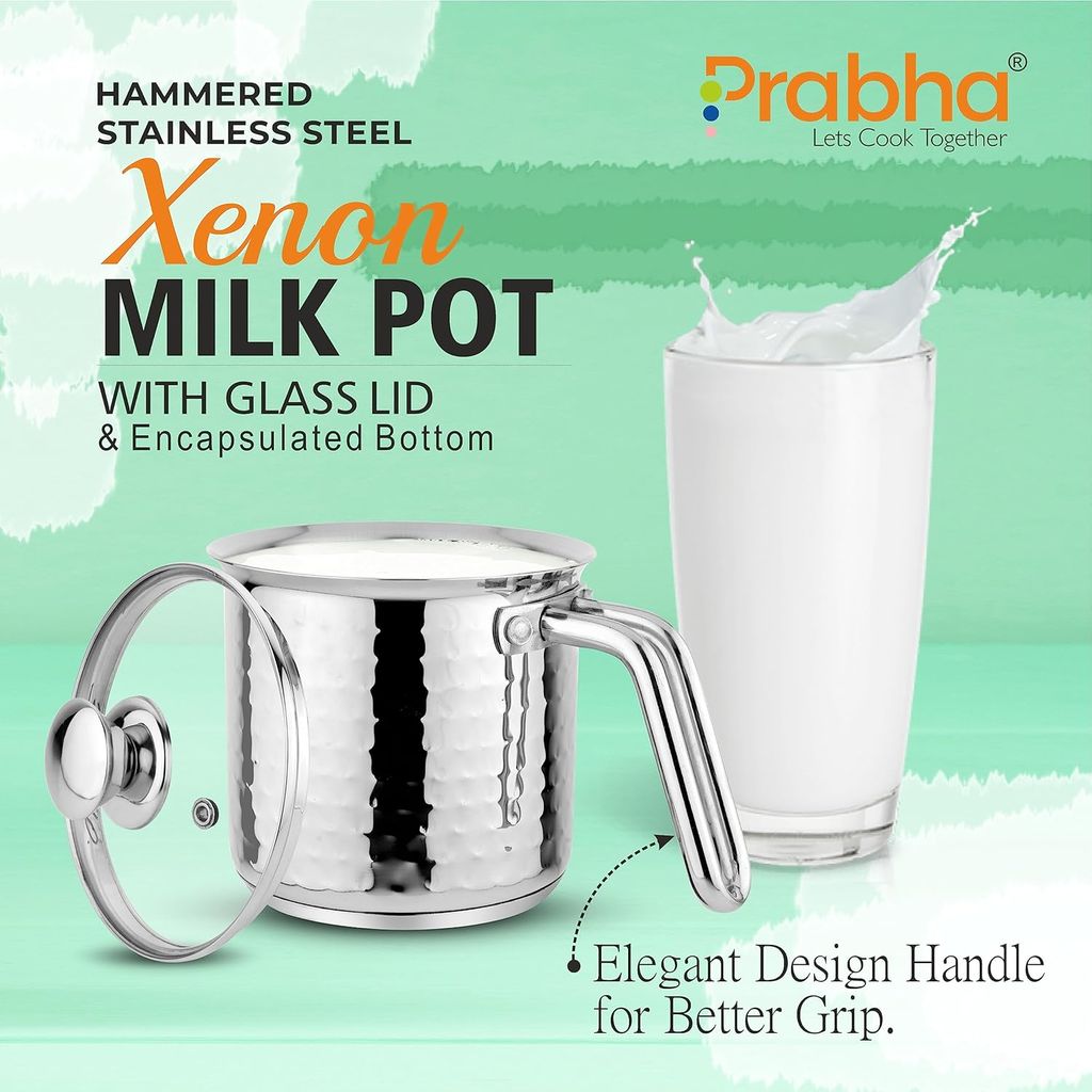 Prabha Heavy Gauge Encapsulated Base Stainless Steel Compatible with Induction & Gas Stove Base Hammered Milk Pot Boiler with Glass Lid, Capacity 1.8 liter, Size 14 cm, Durable for Long Time