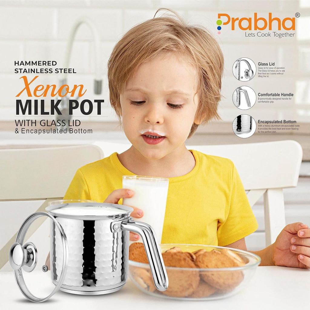 Prabha Heavy Gauge Encapsulated Base Stainless Steel Compatible with Induction & Gas Stove Base Hammered Milk Pot Boiler with Glass Lid, Capacity 1.8 liter, Size 14 cm, Durable for Long Time