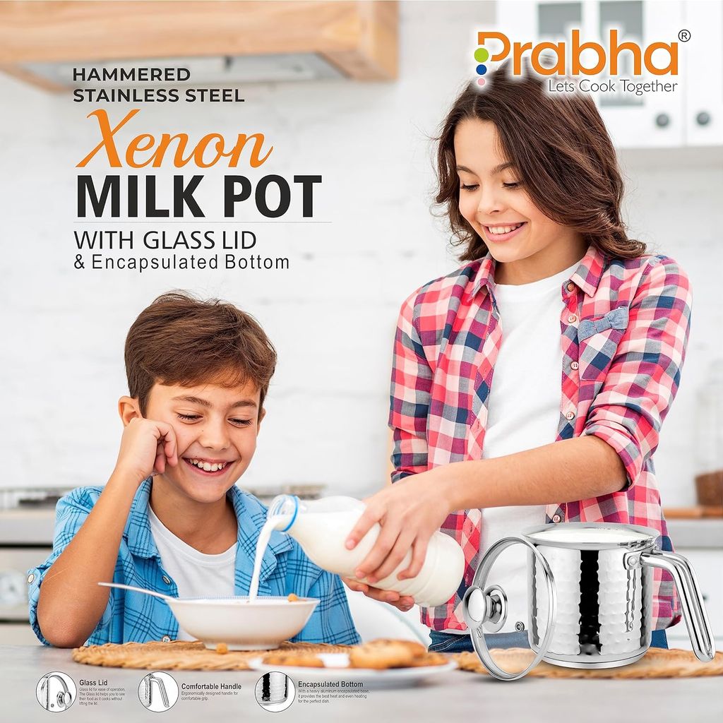 Prabha Heavy Gauge Encapsulated Base Stainless Steel Compatible with Induction & Gas Stove Base Hammered Milk Pot Boiler with Glass Lid, Capacity 1.8 liter, Size 14 cm, Durable for Long Time
