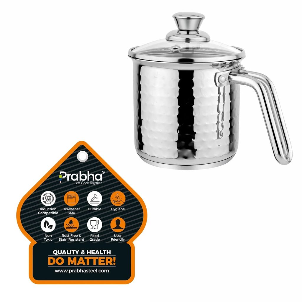 Prabha Heavy Gauge Encapsulated Base Stainless Steel Compatible with Induction & Gas Stove Base Hammered Milk Pot Boiler with Glass Lid, Capacity 1.8 liter, Size 14 cm, Durable for Long Time