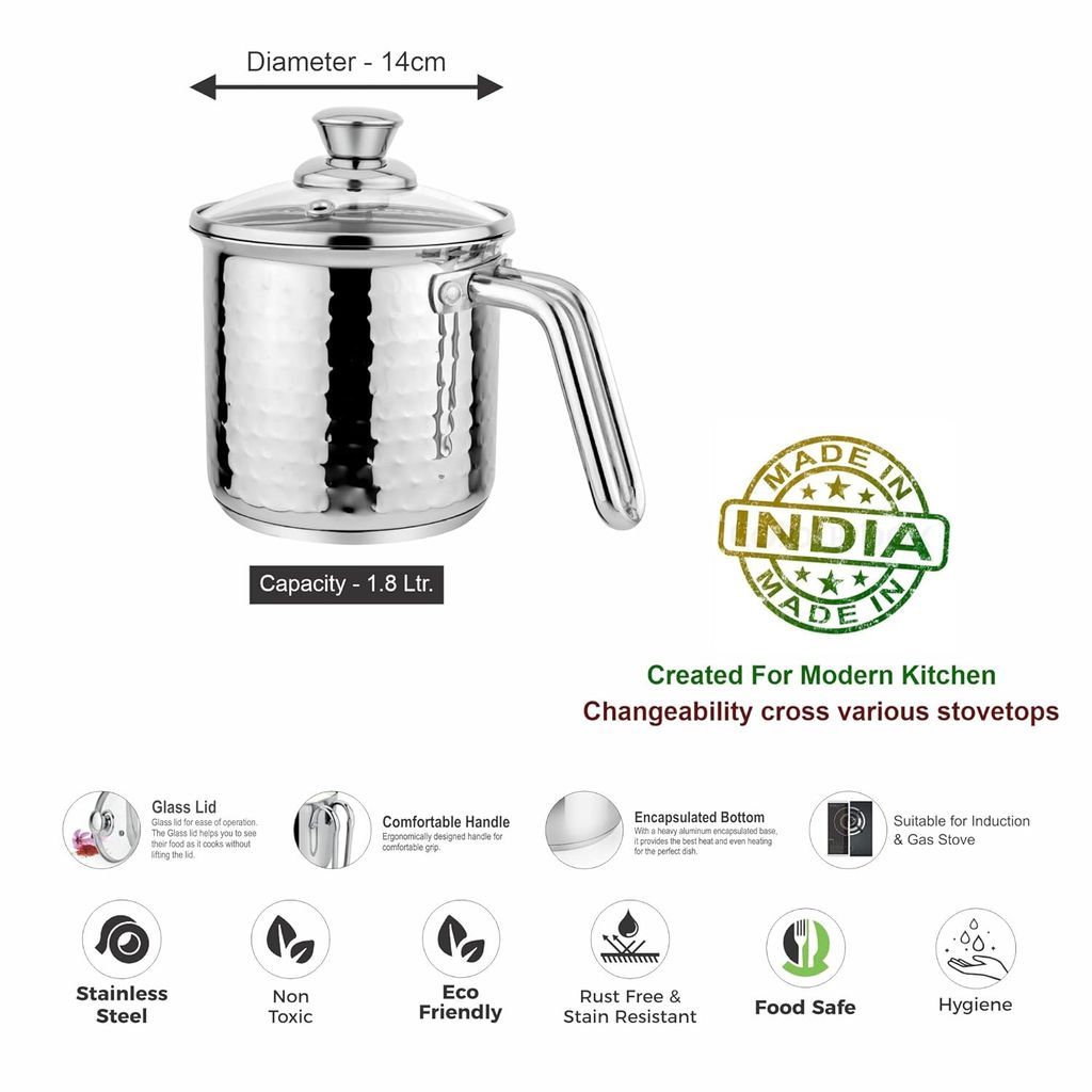 Prabha Heavy Gauge Encapsulated Base Stainless Steel Compatible with Induction & Gas Stove Base Hammered Milk Pot Boiler with Glass Lid, Capacity 1.8 liter, Size 14 cm, Durable for Long Time