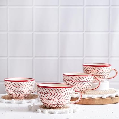 STOREPEDIA Handmade Red Striped Ceramic Coffee Mug Cup Set of 4, 400ml Microwave Dishwasher Safe, Coffee Soup Tea Chai Milk Mugs, Cup for Daily, Office, Gift Multipurpose Use Jumbo Large Size STOREPEDIA Handmade Red Striped Ceramic Coffee Mug Cup Set of 4, 400ml Microwave Dishwasher Safe, Coffee Soup Tea Chai Milk Mugs, Cup for Daily, Office, Gift Multipurpose Use Jumbo Large Size