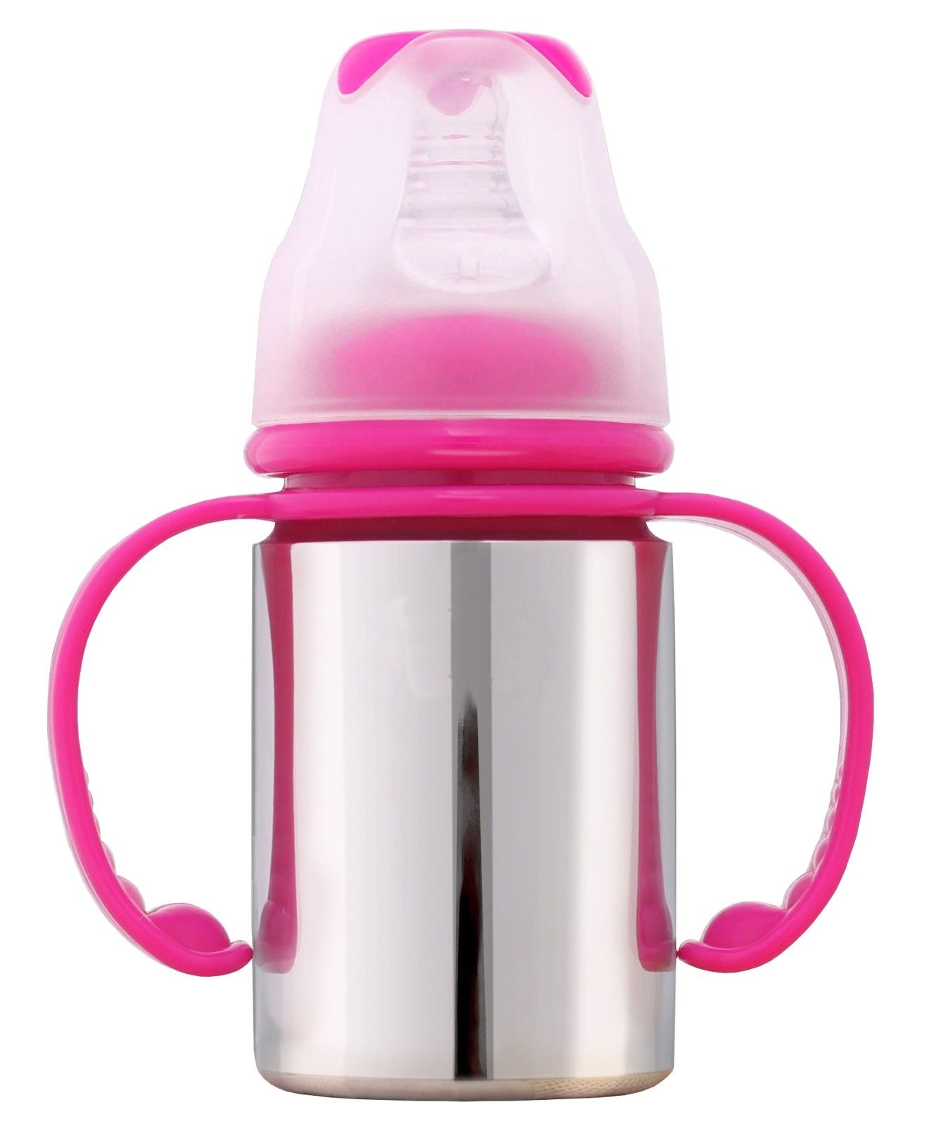 Dr.WaterR Stainless Steel Baby Feeding Bottle with Easy-Hold with pink handle full steel mirror- Milk, Water, and Juice Nipple Bottle - 150ml